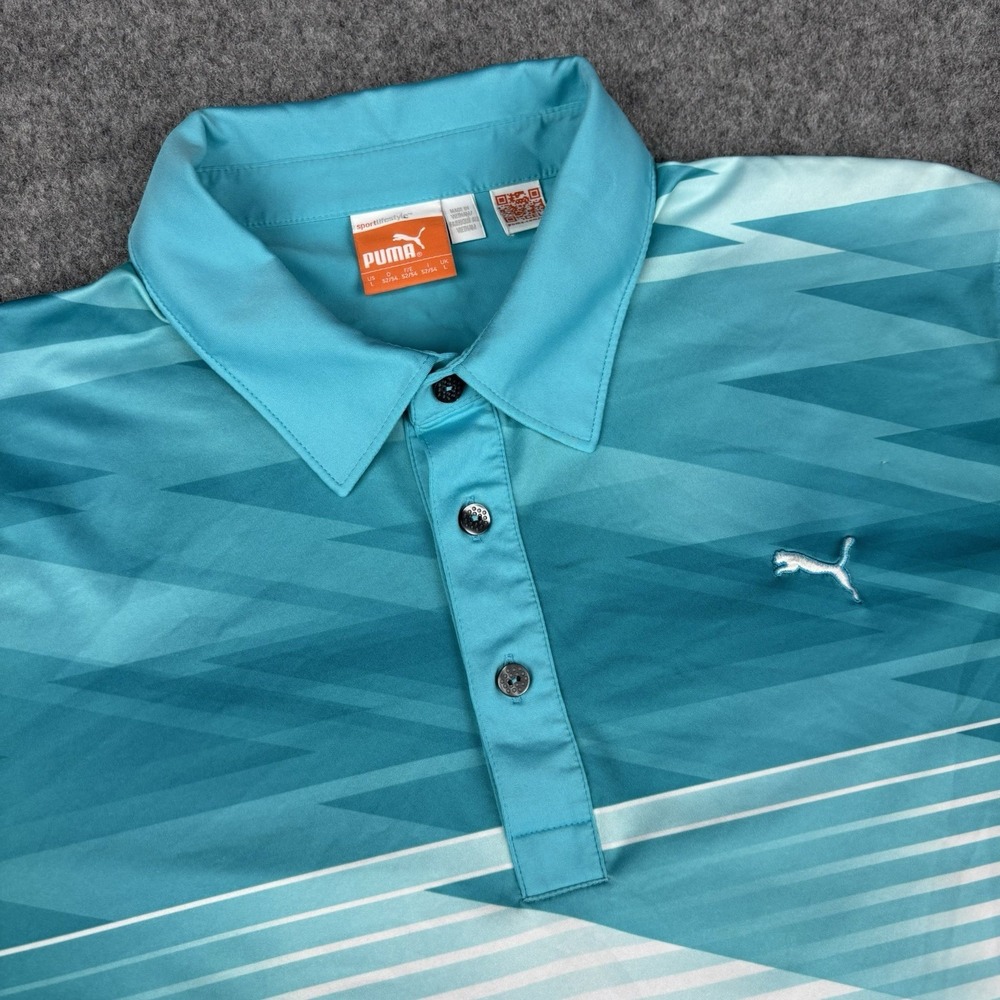 Puma Polo Shirt Mens Large Blue Golf Geometric Stripe Performance Drycell Sports